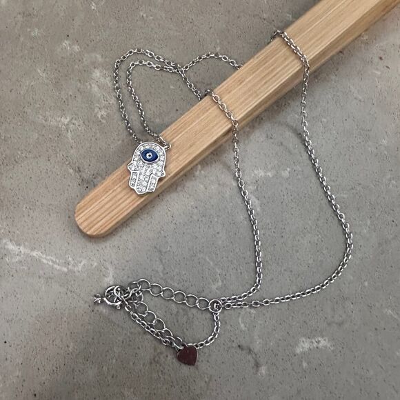 Sterling Silver Hamsa CZ Necklace with Evil Eye, Minimalist, Protection - Picture 1 of 7